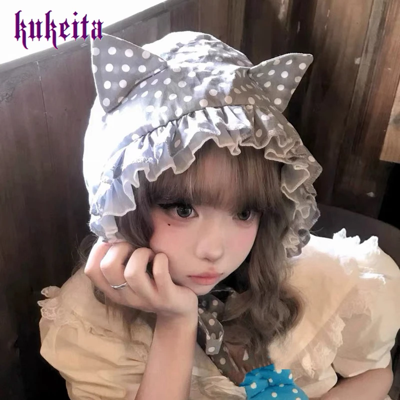 Kukeita Japanese Lolita Kawaii Polka Dot Cat Ears Hat Women Girls Sweet Ruffles Lace Bucket Hat Y2K Harajuku Lace-up Beanies Hat