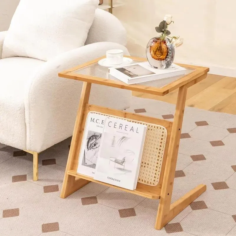Z Shaped Rattan Console Table with Glass Top Bamboo Storage Rack for Living Room Bedroom Bedside Coffee Table