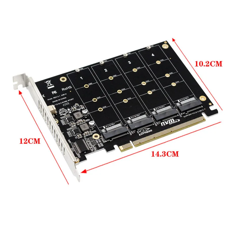 PCI-E 4 Port M.2 NVMe SSD to PCIE X16M Key Hard Drive Converter Disk Reader Expansion Hard Disk Card 4 x 32Gbps Transfer Speed