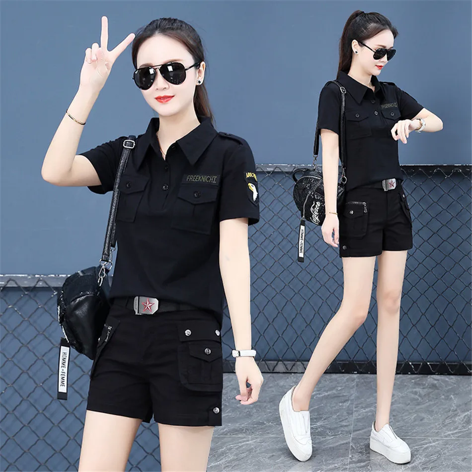 Women's Summer Military Short Sleeved Shorts Set Camouflage Cargo Short Sleeved T-shirt and Shorts Casual Loose Military Uniform