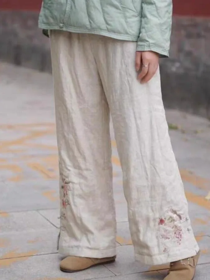 

Ретро-брюки из хлопка с вышивкой, с высокой талией, прямого кроя, свободные, однотонные, осенне-зимние, новые, в китайском стиле, с хлопковой подкладкой