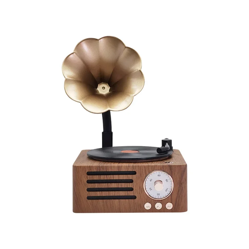 

Vinyl bluetooth speaker, wood grain retro portable rotating stereo