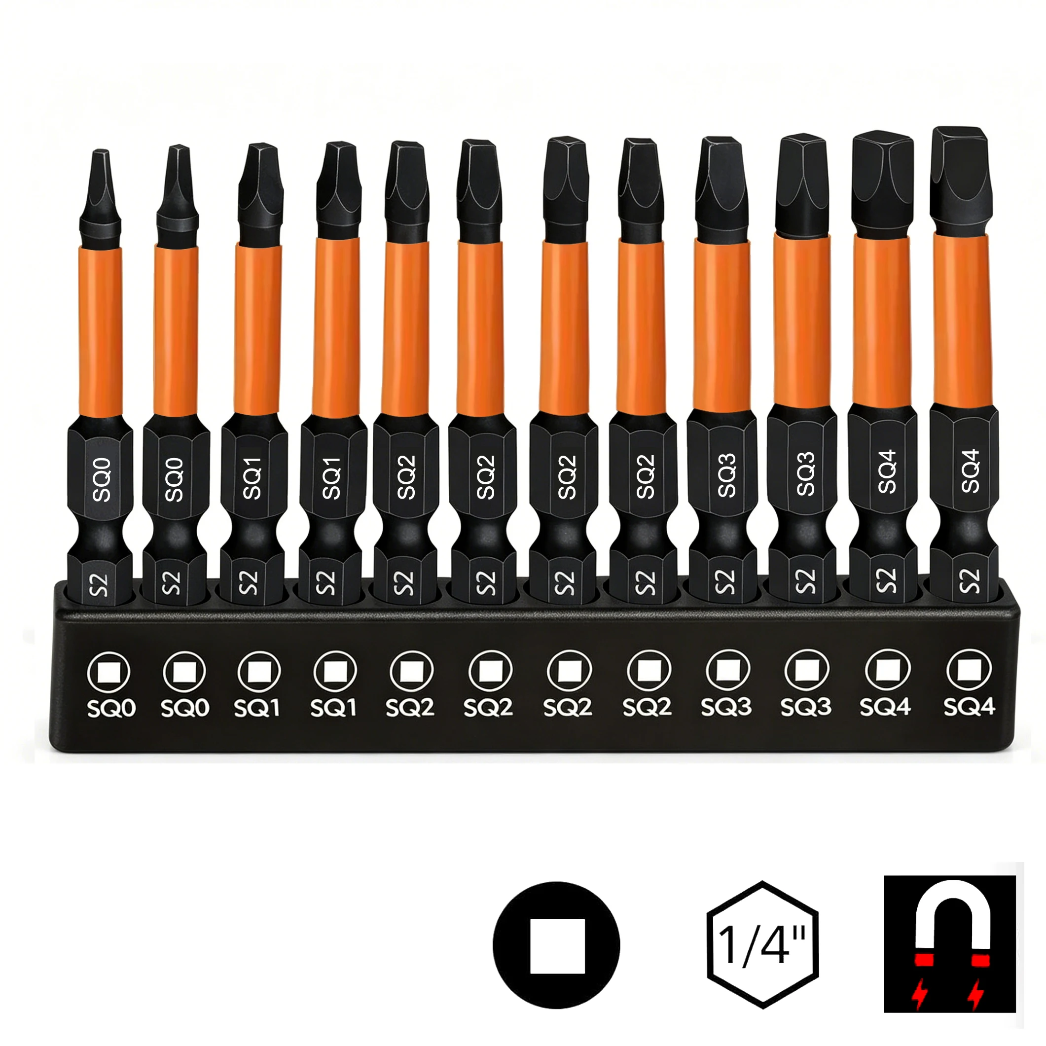 12-Pack Square Drive Bits S2 Alloy Steel Square Bit Set Magnetic Heads Square Head Screwdriver Sizes #0, 1, 2, 3, and #4