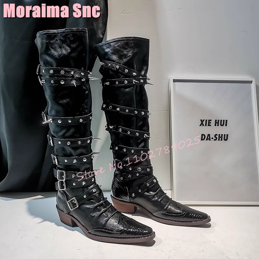 

Rivet Belt Buckle Pointed Toe Long Boots Block Mid Heel Slip On Black Punk Style Women Knee High Boots Fashion Autumn Winter New