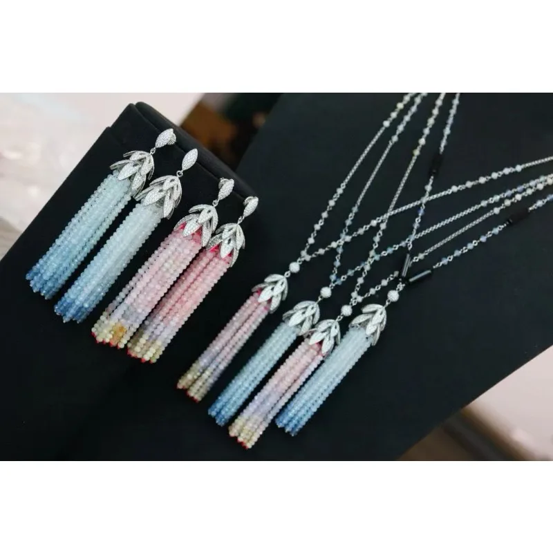 Ruihe New 925 Silver Natural Aquamarine Pink Morganite Tassel Earrings Necklace Set Gemstone Women Jewelry Ladies Party Gift