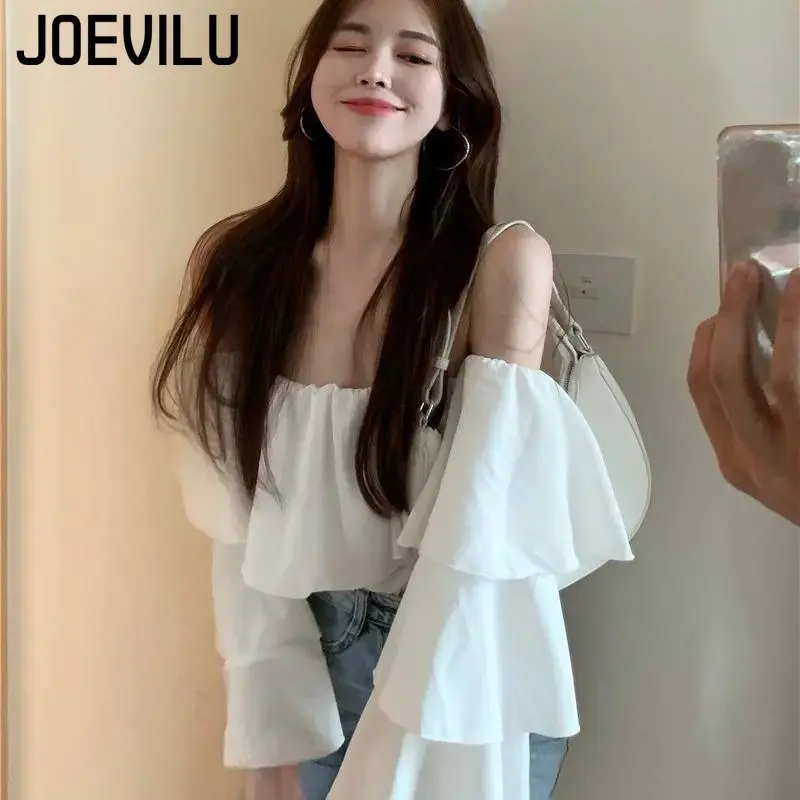 JOEVILU Chiffon Shirt Off Shoulder Ruffle White Blouse Spring and Summer Women\'s Casual Tops Ladies Korean Style Blusas Crop Top