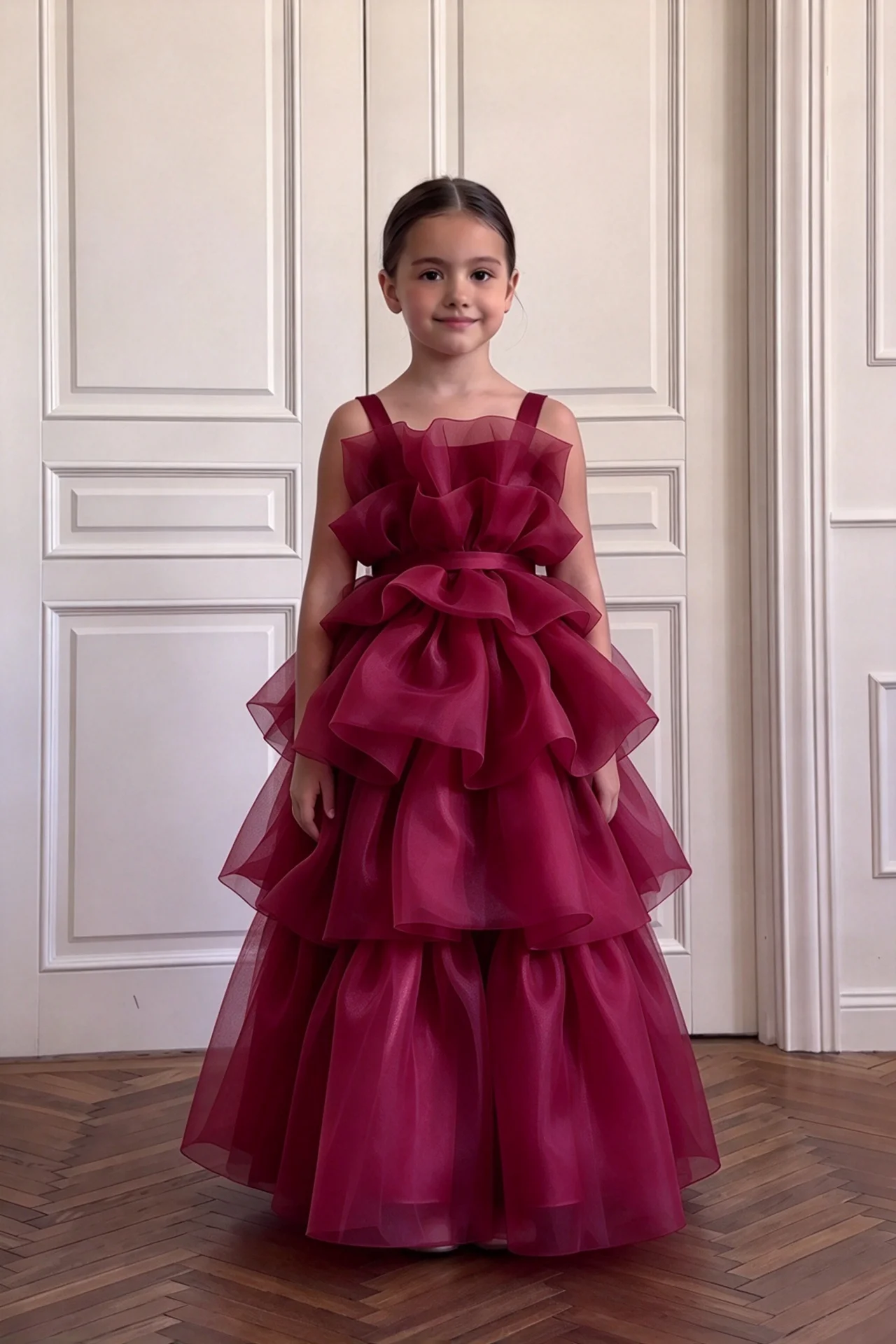 Burgundy Flower Girl Dress Ruffled Tulle Tiered Floor Length Gown Kids Wedding Birthday Pageant First Communion Princess Dress