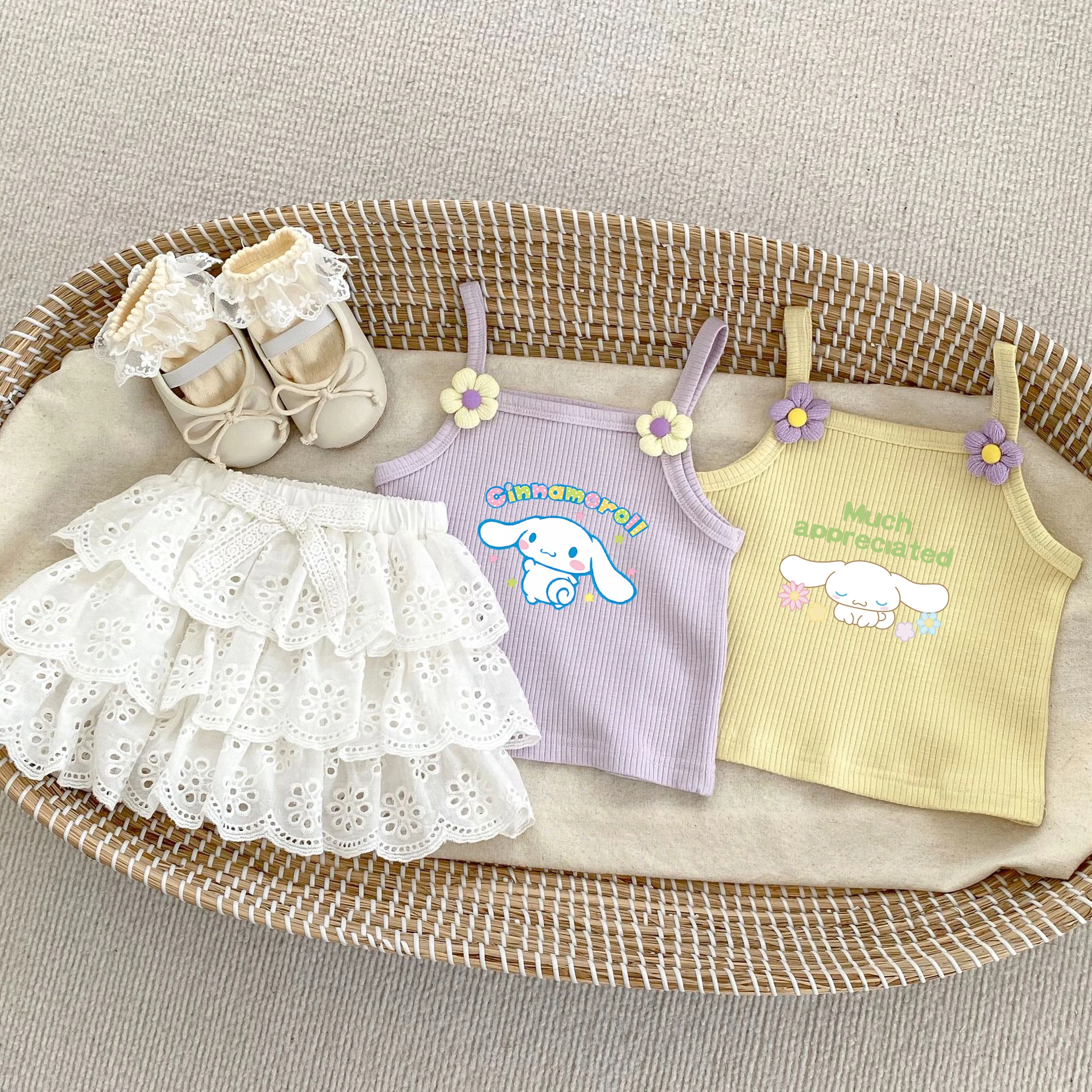 

Sanrio Kids Suspenders Cotton Undershirts Summer Ins Style 0-3 Years Old Baby Girl Pure Cotton Lace Princess Skirt Two-Piece Set