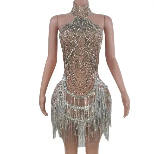 

Luxury Rhinestone Tassel Sexy Women Short Bodycon Dress Latest Summer Sleeveless Performance Crepe Evening Dresses