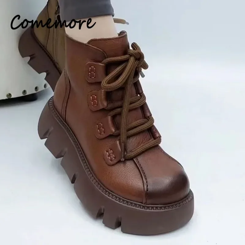 Comemore Platform Heel Round Toe Winter Shoes Woman Ankle Fashion Short Boot Retro 2023 Women\'s New Lace Up Elegant Women Boots