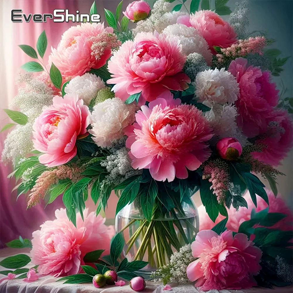 EverShine Diamant-Mosaik Pfingstrose Blume Vollflächiges Quadratisches Gemälde Blumen-Strass DIY Bastelset Stickerei Vase Handgemachtes Geschenk