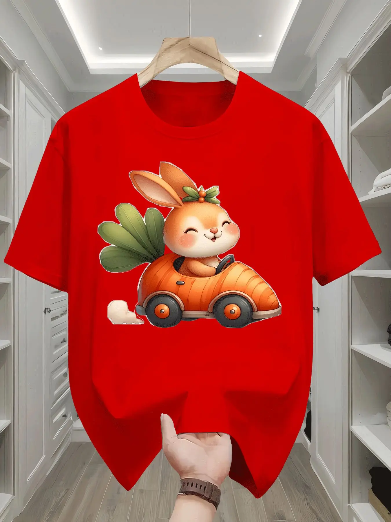 Children's Tshirt Cute Rabbit Driving Carrot Car Print Holiday Gift Round Neck Parent-child Short Sleeved Four Season Collection