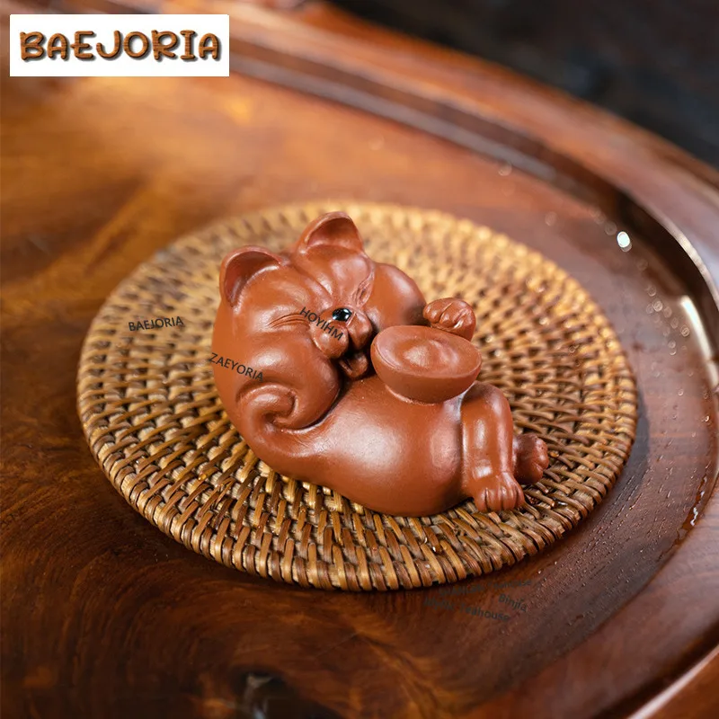 BAEJORIA Purple Clay Fortune Cat Ingot Tea Pet Elegant Lucky Model Tea Figurine Play Toys Tea Statue Ornaments Chinese Tea Set