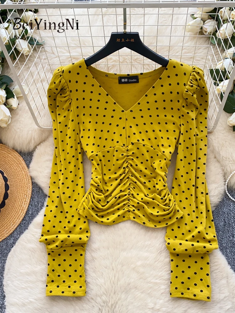 เสื้อเชิ้ตแฟชั่นผู้หญิงสไตล์เกาหลี ฤดูใบไม้ผลิ 2026 ลายจุด จับจีบ ทรงเข้ารูป แขนยาว เสื้อผู้หญิงสำหรับใส่ทำงาน ระดับไฮเอนด์