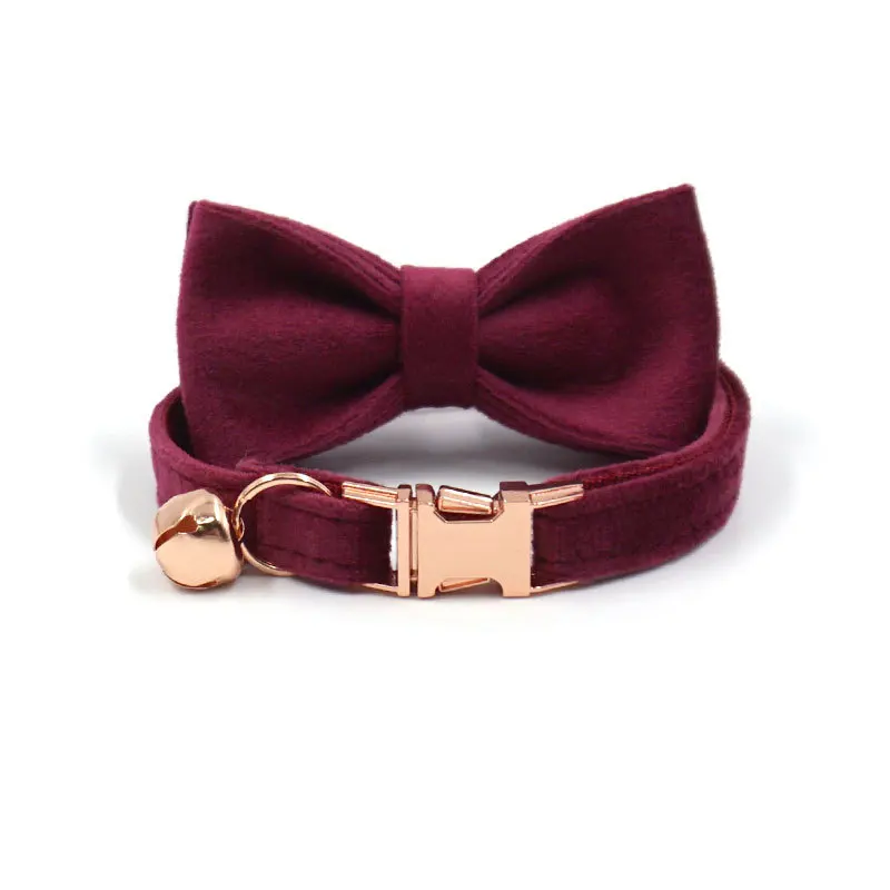 

Cat Bow Bell Collar wine red Soft Pet Choker Golden rose black silver Buckles Adjustable Velvet collar para gato cat supplies