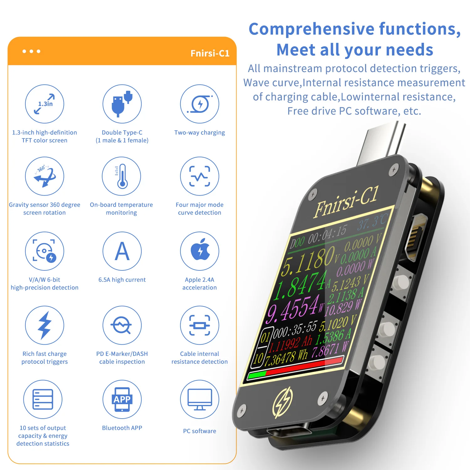 FNIRSI-C1 USB C Tester Voltmeter  Ammeter PD Trigger Fast Charging Protocol Test QC 2.0 QC 3.0 PD 3.0 Battery Capacity Tester