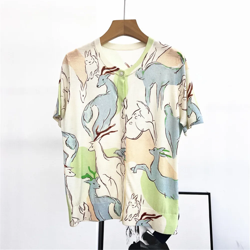 

25 Summer Women's Cardigan Printed Round Neck Single breasted Straight Tube Wool Knitted Short Sleeve Top