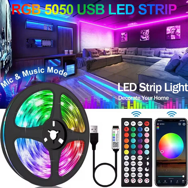 

RGB Led Strip Lights 1-30m 5050 USB LED Light Remote App Control Flexible Ribbon Tape Luces Led TV Backlights Room Decoration