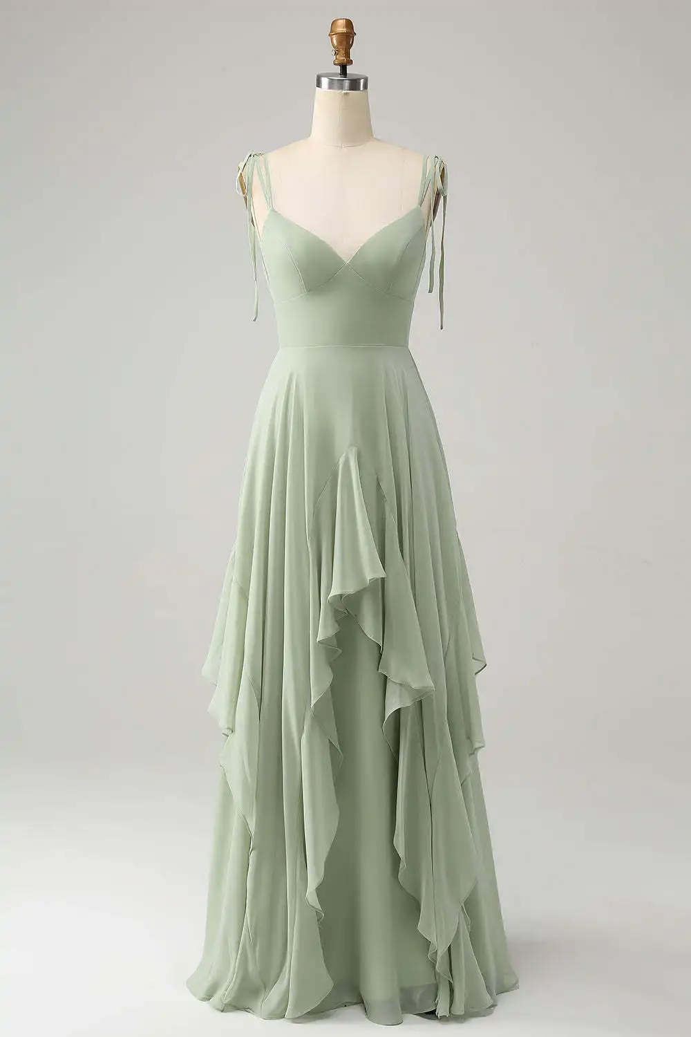 Mint Green Chiffon A-line Bridesmaid Dresses V-neck Bow Spaghetti Straps Layered Ruffle Evening Gown Elegant Wedding Party Dress