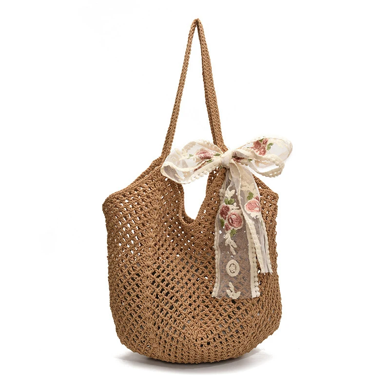 

Women's Summer Beach Bag Woven Mesh Lace Bow Shoulder Purse Large Capacity Solid Color Clutch For Vacation Travel Shopping
