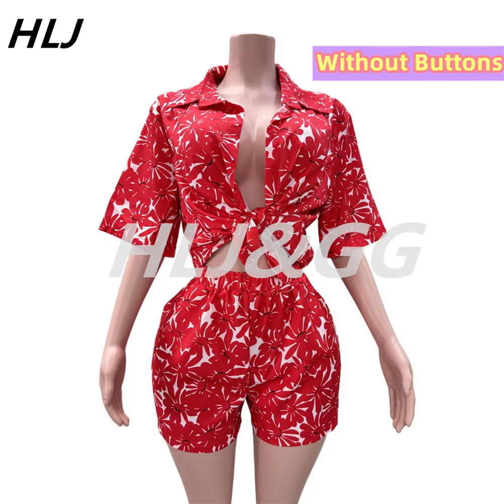 HLJ Red Summer New Flowers Print Two Piece Sets Women Deep V Short Sleeve Bandage Crop Top+Shorts Outfits Female 2pcs Tracksuits