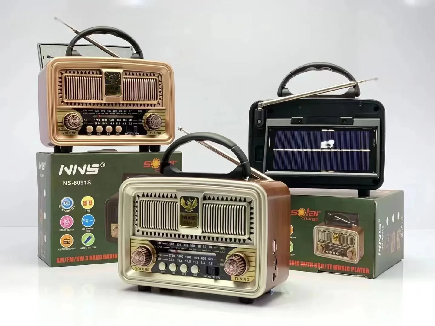 NNS NS-8091S Rechargeable Classic Vintage Retro Old Vintage Solar Powered Fm Am Sw 3 Bands Wooden Home Radio With Usb Speaker