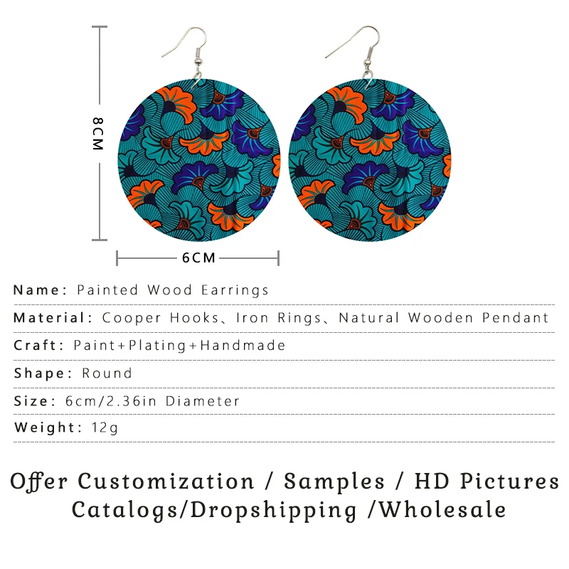 SOMEHOUR African Fabric Design Print Vintage Woman Wooden Drop Earrings Afrocentric Ethnic Art Bohemain Ear Loops Dangle Jewelry