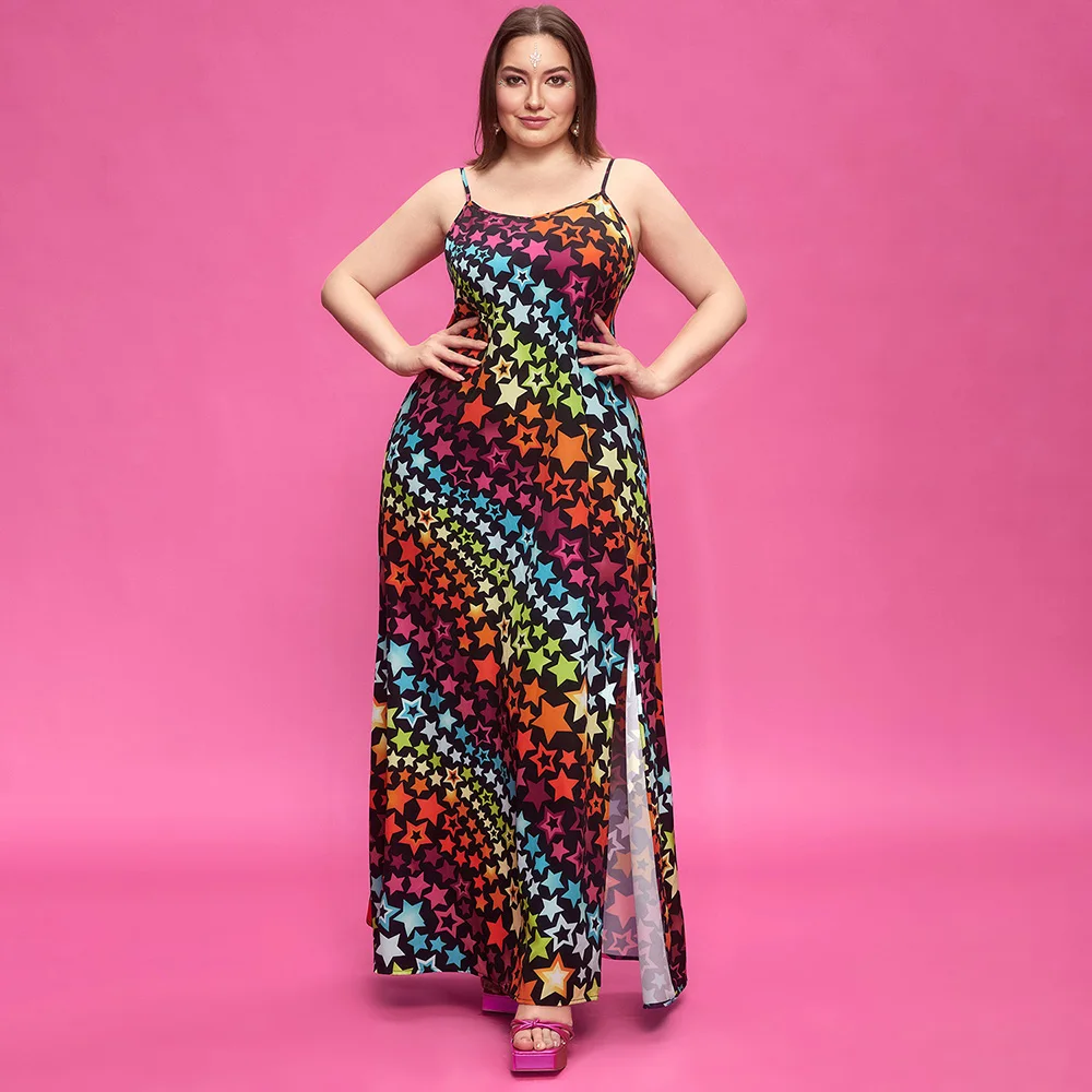 Plus Size imprezowe wielokolorowe wiosenne letnie sukienki sukienka Maxi z rozcięciem bez rękawów z gwiazdy wydrukowane dekoltem w szpic