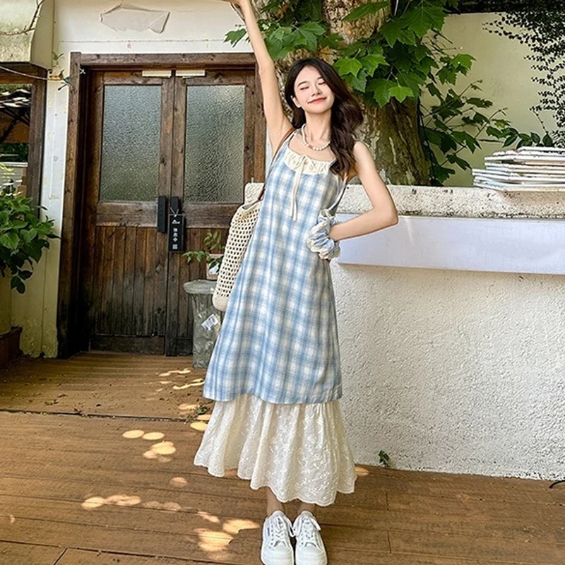 Femmes Plaid faux deux pièces robe à bretelles femmes été rétro ample longue dentelle Patchwork Plaid robe sans manches pour les femmes 2025