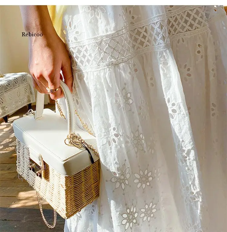 2023 Summer Fashion Boho White Lace Hollow Out Maxi Long Skirt Women High Waist A Line Pleated Skirt Female