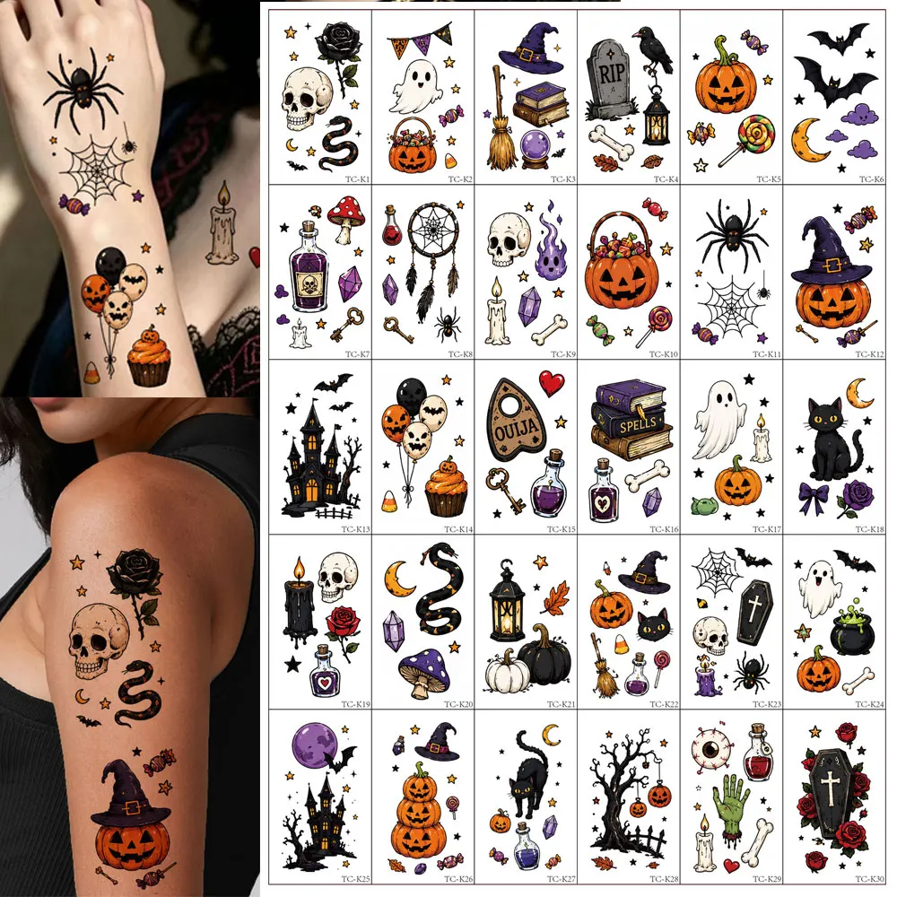 30pcs Waterproof Halloween Temporary Tattoos Cartoon Pumpkin Ghost Witch Skeleton Stickers Halloween Party Decor