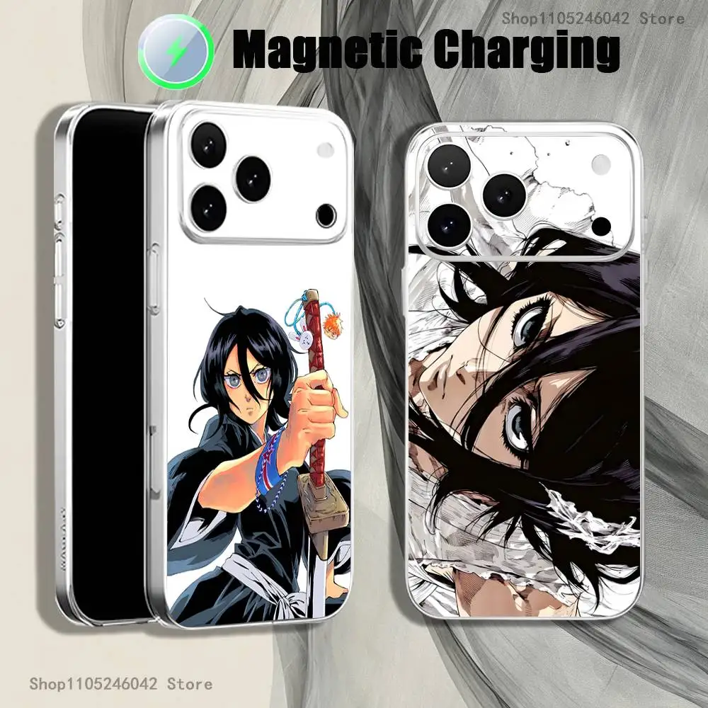 

Прозрачный белый чехол R-Rukia Anime-E KuchikiS для iPhone 17, 16, 15, 14, 13, 12, 11, Pro, Max, Plus с магнитной беспроводной зарядкой