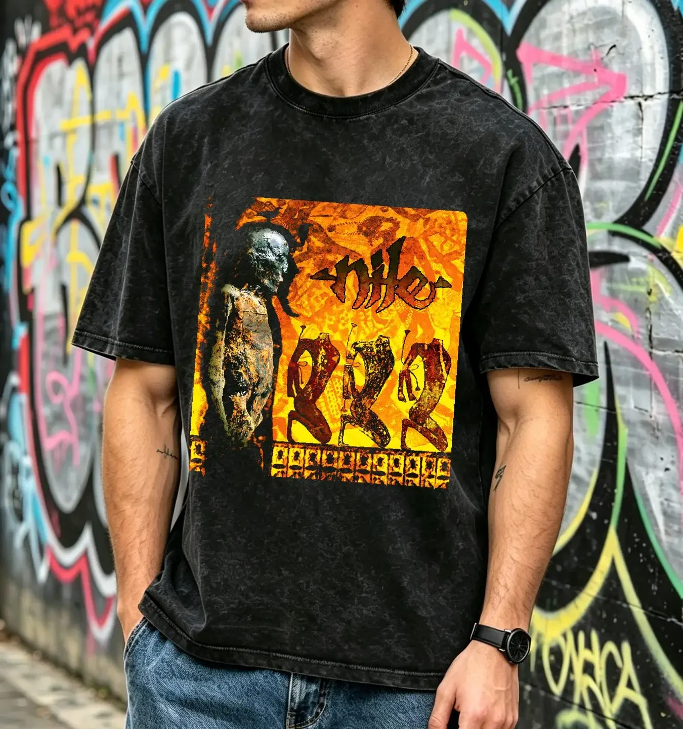 washed T Shirt Nile Amongst the Catacombs of Nephren Ka Double Sided XL Death Metal Y2K long or short sleeves vintage Washed