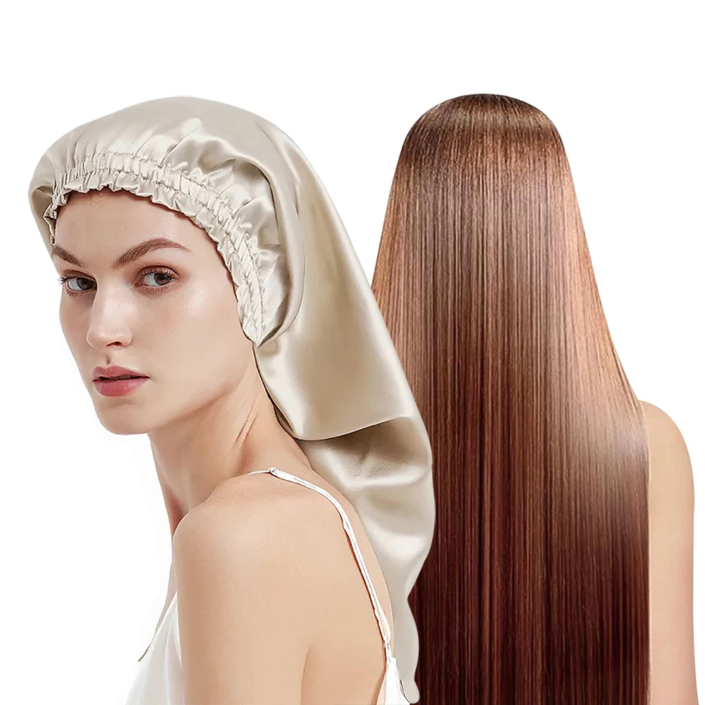 

100% Pure Mulberry Silk Bonnet Sleep Hair Cap Long Bonnets Hair Wrap Adjustable Straps for Long Curly Hair Braid 19 Momme