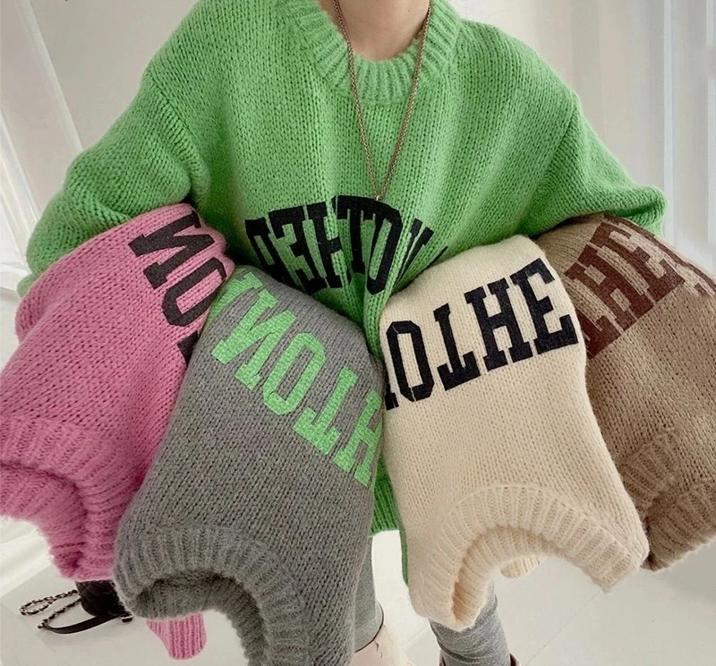 Korean Fashion Autumn and Winter Candy Color Sweater Pullovers for Women Loose  Sweater Letter Knitted Pullovers