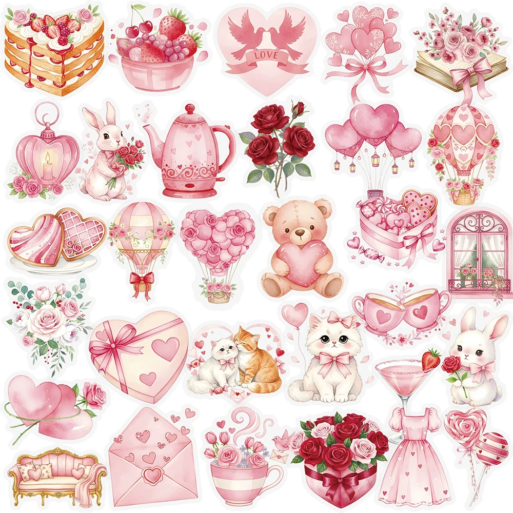 

10/30/56pcs Transparent Pink Romantic Valentine's Day Stickers Cute PET Decals DIY Notebook Guitar Aesthetic Decoration Sticker