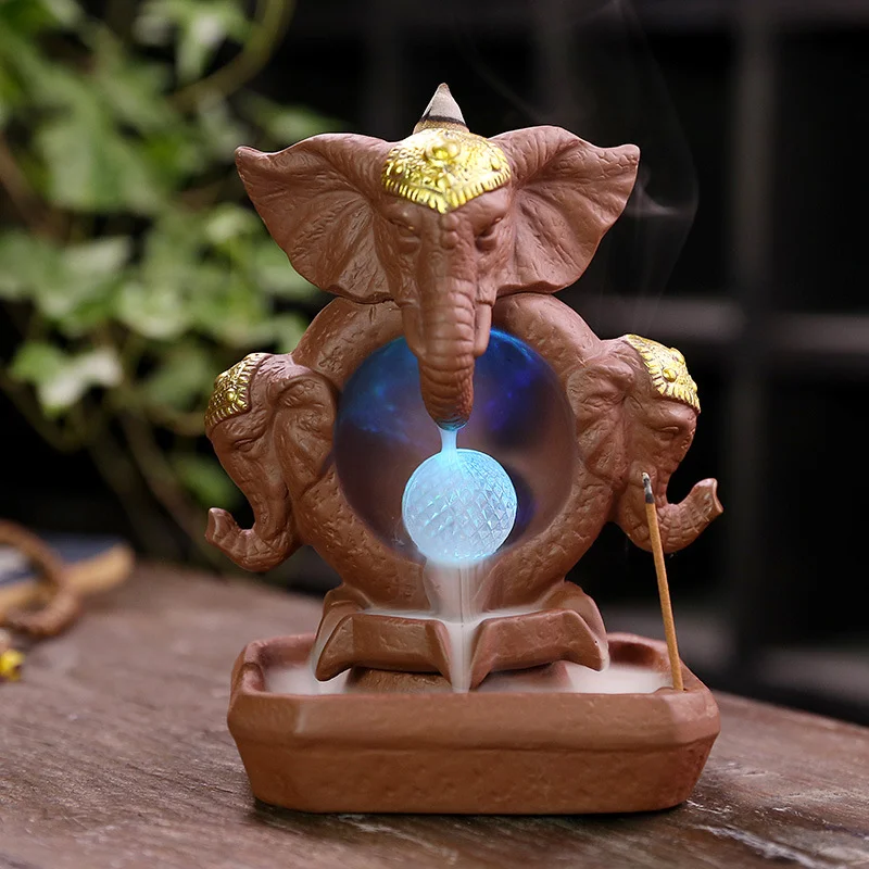 Three Head Ganesha Purple Clay Backflow Incense Burner LED Light Crystal Ball Incense Holder Home Decor Feng Shui Ornament