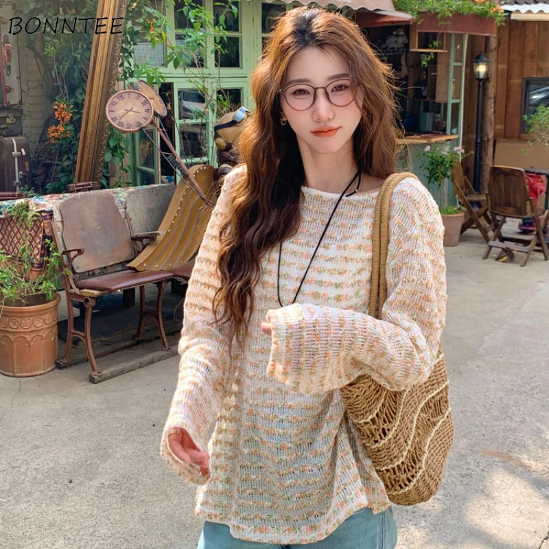 Knitted Long Sleeve T-shirts Women Floral Sun-protection Sweet Korean Style Loose Chic Aesthetic Holiday Beach Attractive Ins