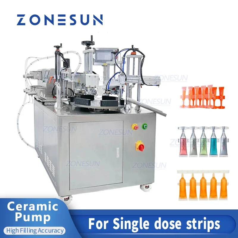 ZONESUN 4 Heads Ceramic Pump Monodose Strip Tube Single Dose Plastic Ampoule Filling Sealing Machine