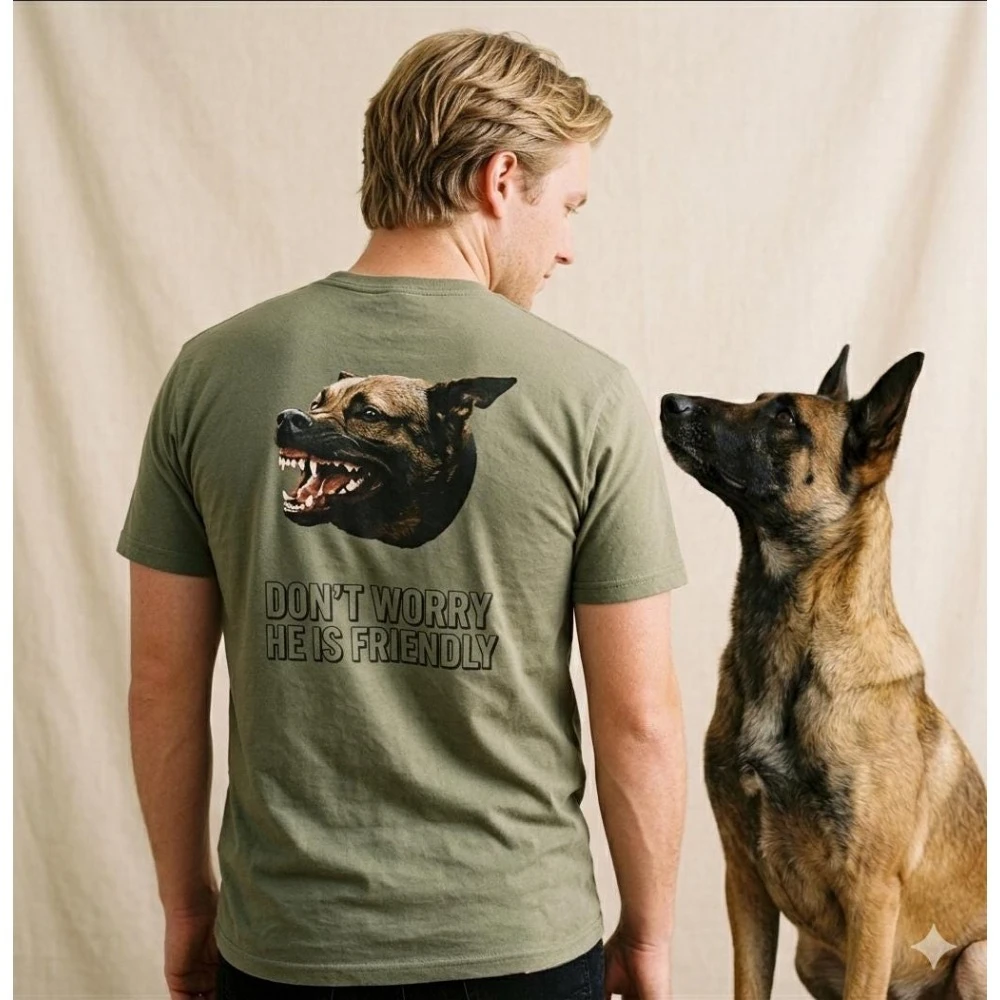 Funny Dog Owner Shirt Don't Worry He Is Friendly Scary Gift Sarcastic Dog Mom Dad Tee Working Dog Handler Shirt Women Clothes