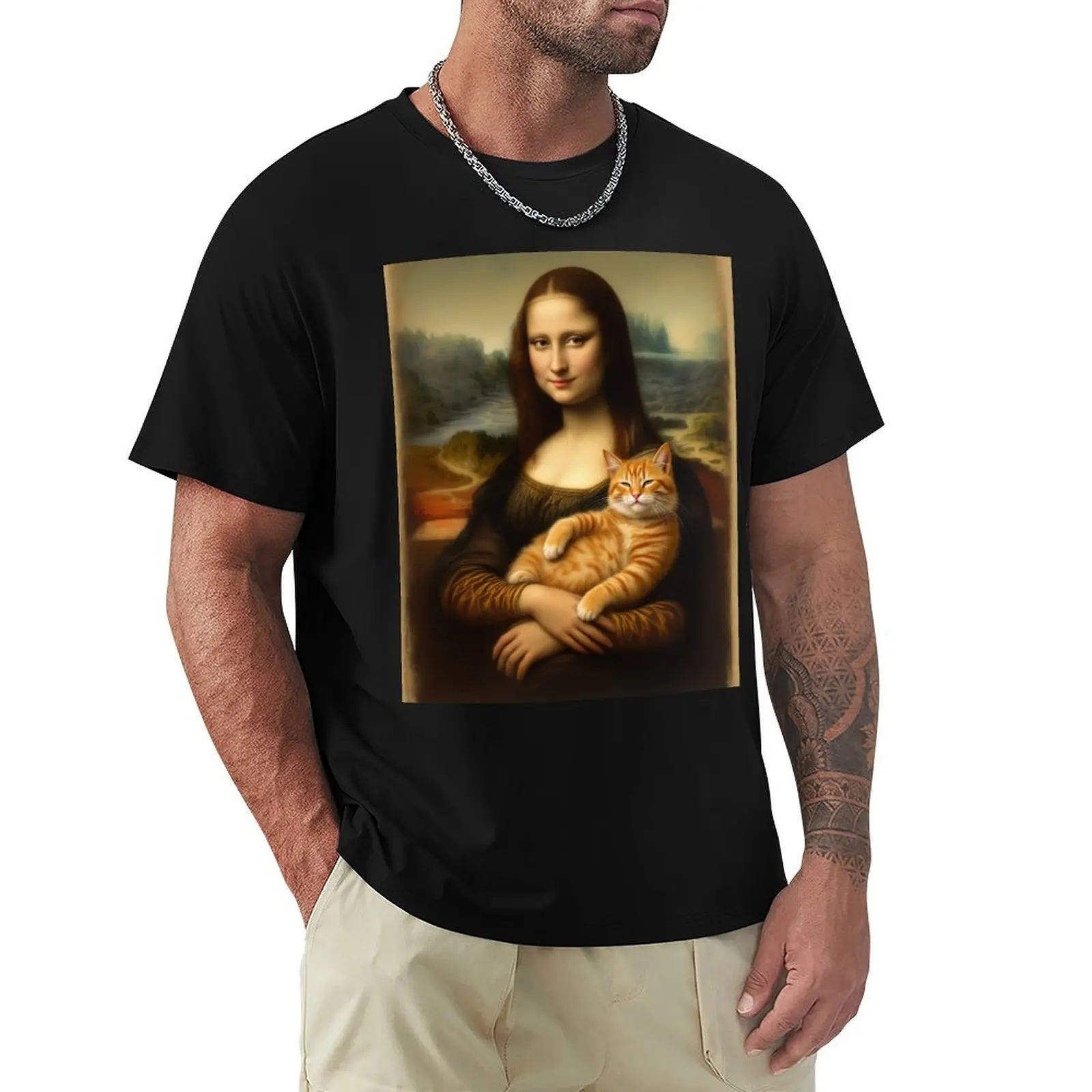 

Art Leonardo Da Vinci Mona Lisa With Cat T-Shirt Basic Casual Short Sleeve Cotton Shirt