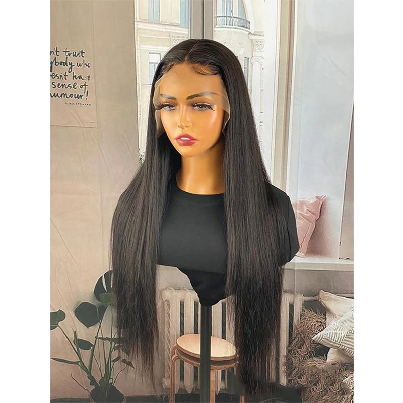 Soft 28 inch 200% Density Long Natural Black Kinky Straight Lace Front Wig For Women With Baby Hair Preplucked Glueless