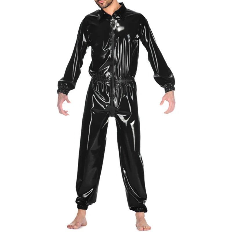 Black Sexy Loosely Latex Catsuit With Elastic Belt Front To Back Crotch Zipper Rubber Body Suit Bodysuit Zentai Overall LTY-0371