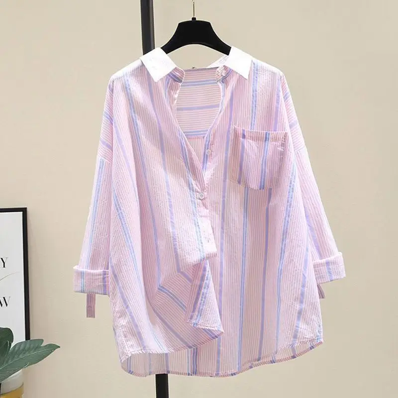 

Autumn and Winter Commuter Women's Clothing Korean Version Versatile Splice Pockets Button Square Neck Long Sleeve Striped Shirt