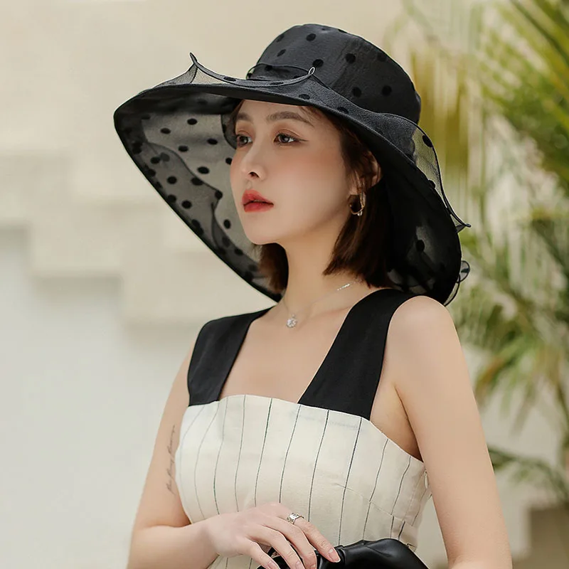 Elegant temperament Hat For Women Dot Chiffon Bucket Hat Organza breathable Beach Hat summer big eaves sunshade fisherman hat