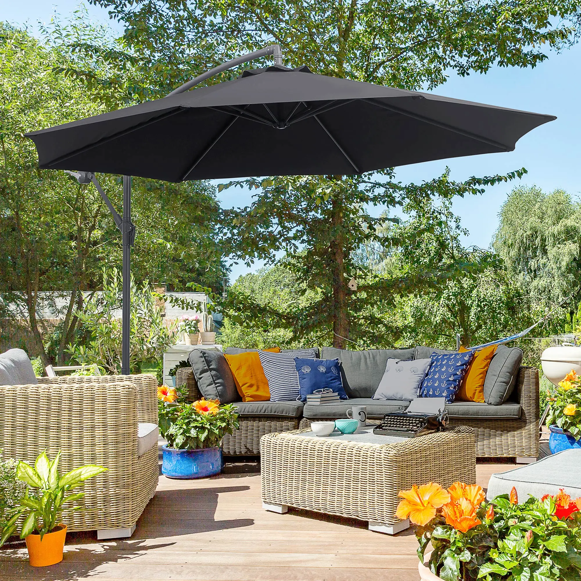 Outsunny Parasol de Jardín Sombrilla para Exterior Negro 3m de Diámetro Sistema de Apertura y Cierre Mediante Bobina