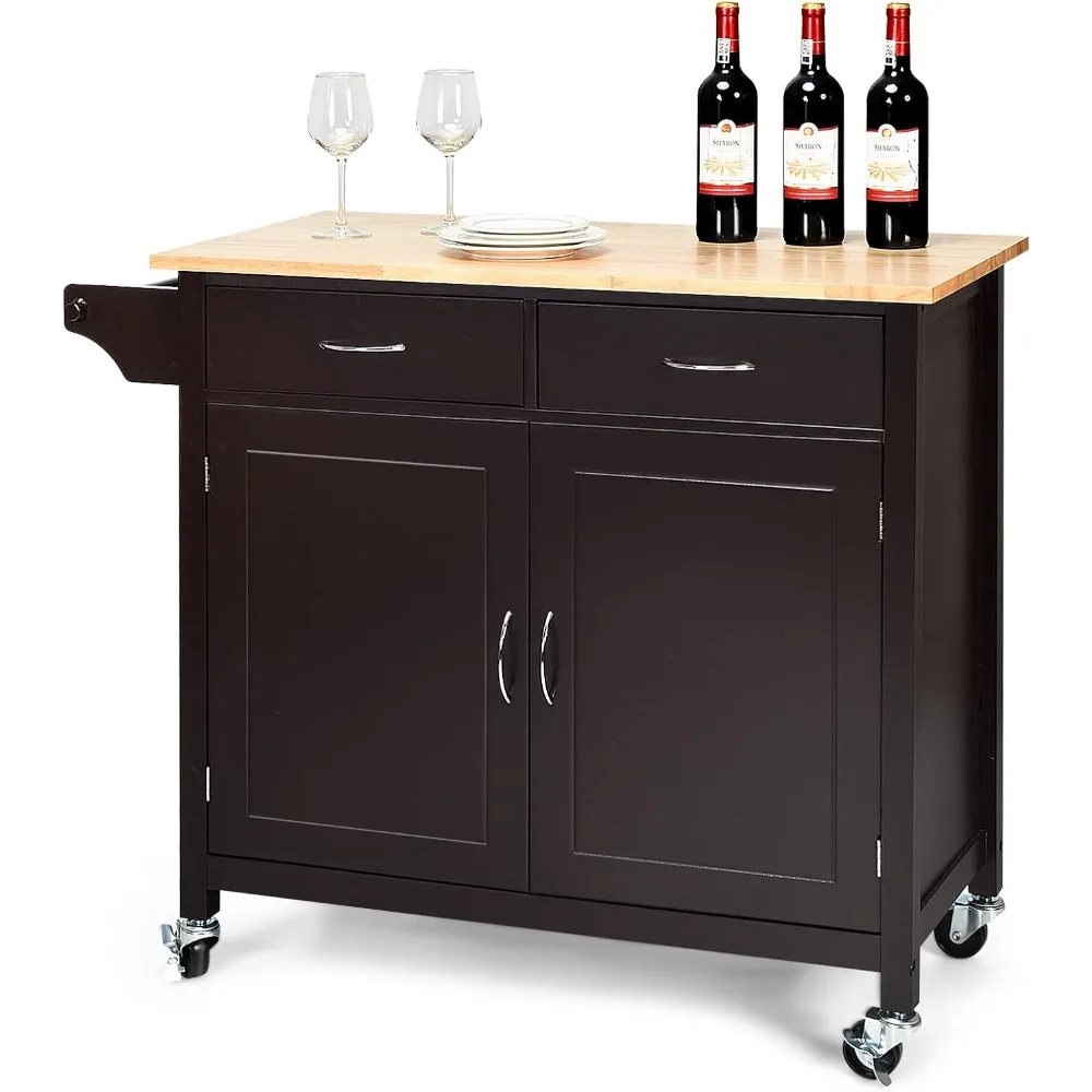 

Furniture Rolling Kitchen Island with Storage Drawers, Serving Trolley Cart w/Wood Tabletop & 2-Door Cabinet, Adjustable