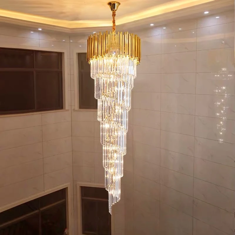 Hotel Theater Villa Large Chandelier Lighting Luxury Stainless Steel Multi-layer Top Long Crystal Lamp Living Room Lustres