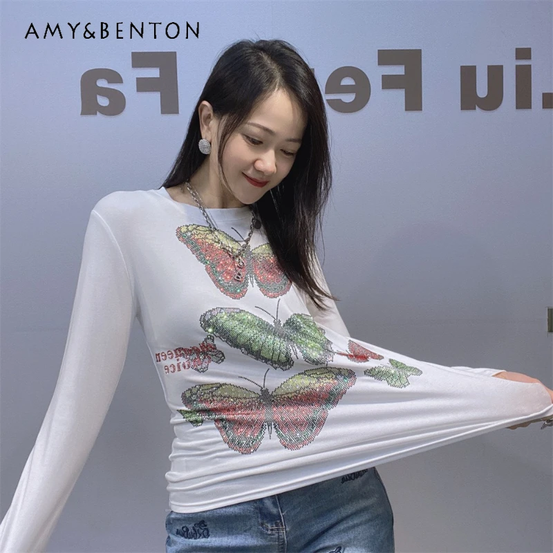

Sweet Cute O-Neck Slim Fit Rhinestone T-shirts Women's Autumn Wearable Long Sleeves Inner Wear High-end Slimming Bottoming Shirt