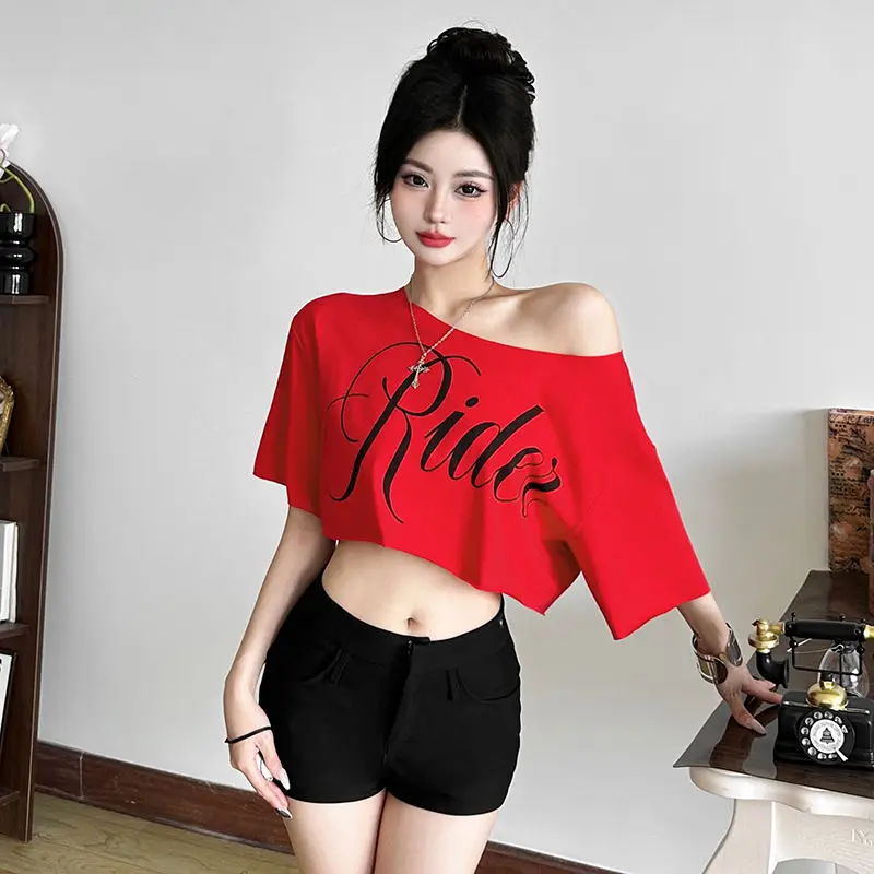 

Onalippa Summer Korean Sweet Spicy City Girl Atmosphere Printed Slant Neck T-shirt Women Look Thin Versatile Short Sleeve Top